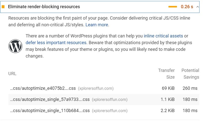 render blocking resources fixed by autoptimize